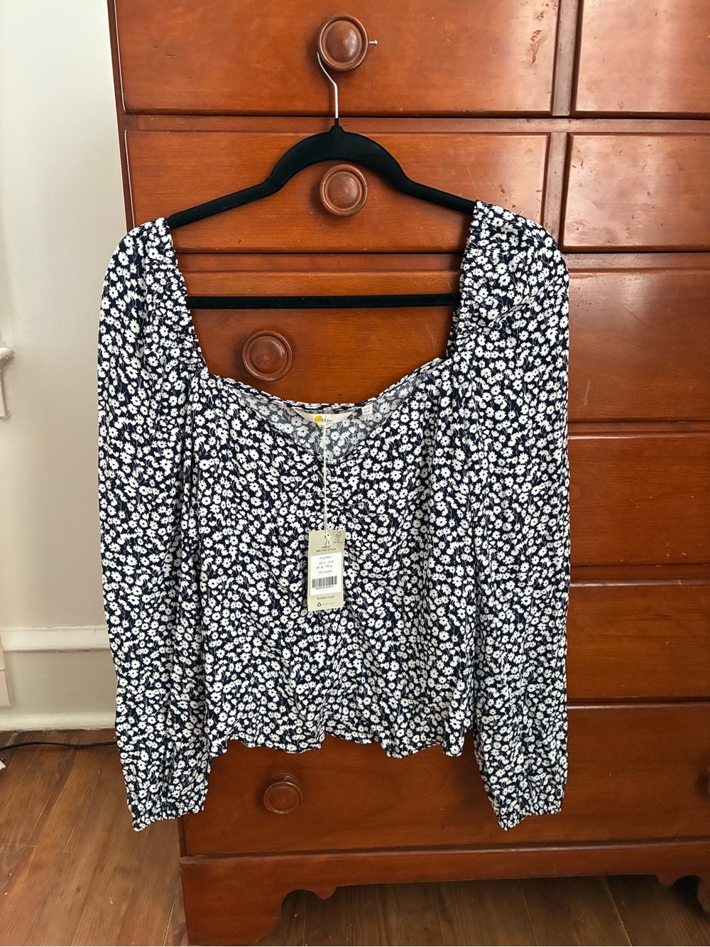 Boden Navy and White Floral Square-Neck Peasant Blouse